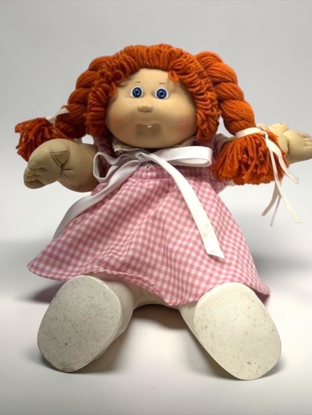1980s Cabbage Patch Kids Vintage Doll with Orange Yarn Hair and Pink Gingham GNO